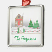 Sneeuwscène met kap en kerstlampjes metalen ornament (Links)