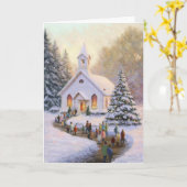 Sneeuwscène met kerk en parochianen kaart (Gele Bloem)