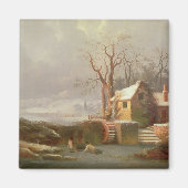 Sneeuwscène met molen en huisjes magneet (Voorkant)