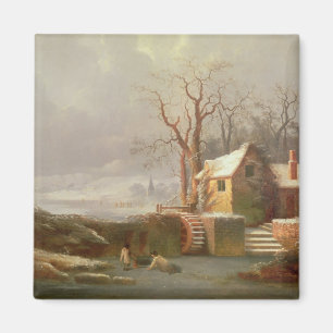 Sneeuwscène met molen en huisjes magneet