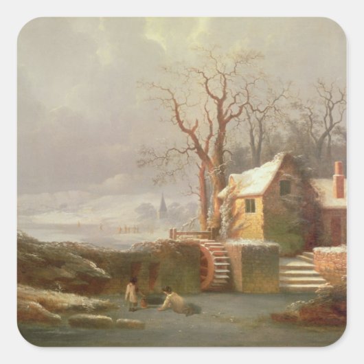 Sneeuwscène met molen en huisjes vierkante sticker (Voorkant)