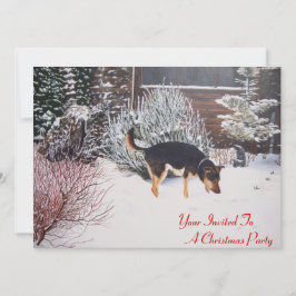 Sneeuwscène met schattig zwart en tan hond kerst kaart