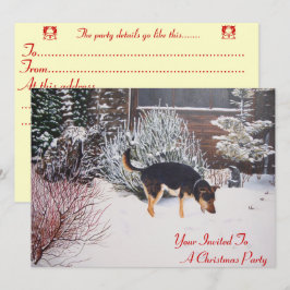 Sneeuwscène met schattig zwart en tan hond kerst kaart