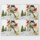 Sneeuwscène met vintage sneeuwman cadeaupapier (Vlak)