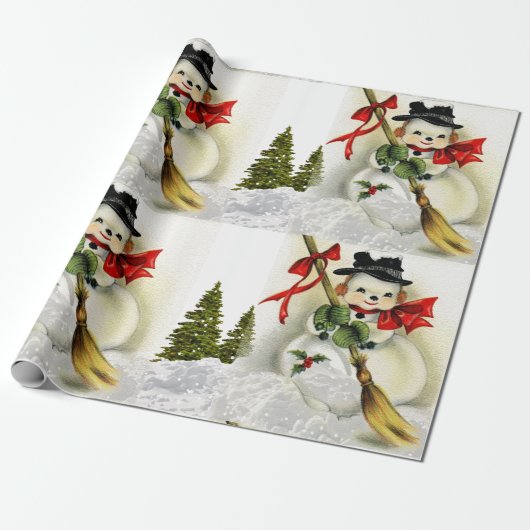 Sneeuwscène met vintage sneeuwman cadeaupapier (Uitgerold)