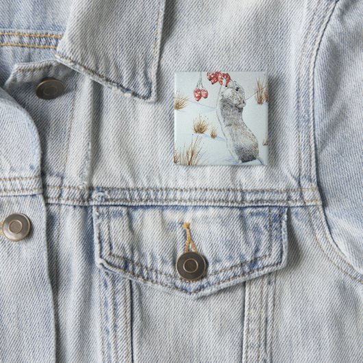 Sneeuwscène met wilde muizen die bessen vierkante button 5,1 cm (In situ)