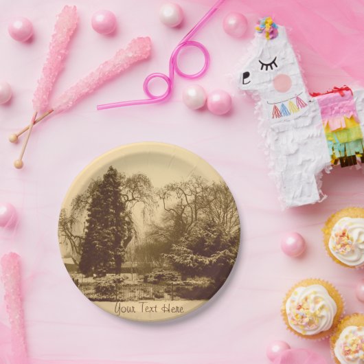 sneeuwscène park landschap originele sepia foto papieren bordje (Feest)