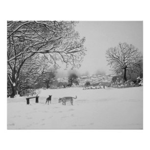 sneeuwscène winterlandschap met bomen en honden perfect poster