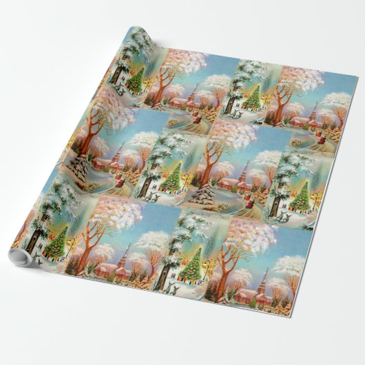 Sneeuwscenes Shabby Chic Cadeaupapier (Uitgerold)