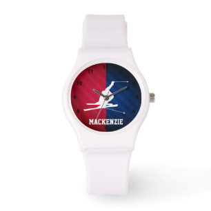 Sneeuwski; rood, wit en blauw horloge