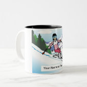 Sneeuwskier - Vrouw Cartoon door PrintedPerfection Tweekleurige Koffiemok (Voorkant links)