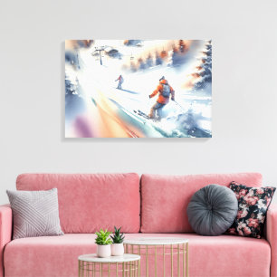 Sneeuwskiërs in Waterverf Canvas Afdruk