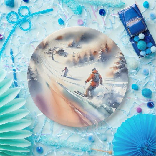 Sneeuwskiërs in Waterverf Papieren Bordje (Feest)
