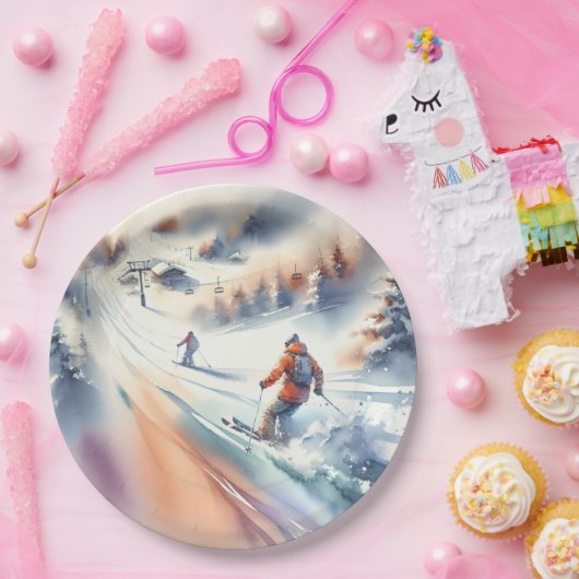 Sneeuwskiërs in Waterverf Papieren Bordje (Feest)