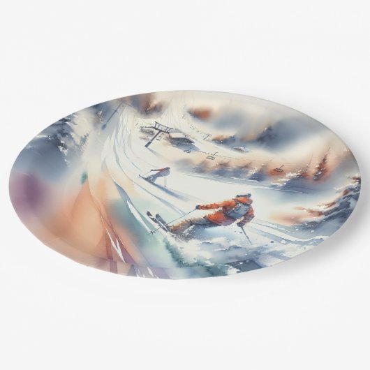 Sneeuwskiërs in Waterverf Papieren Bordje (Gekanteld)