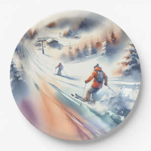 Sneeuwskiërs in Waterverf Papieren Bordje