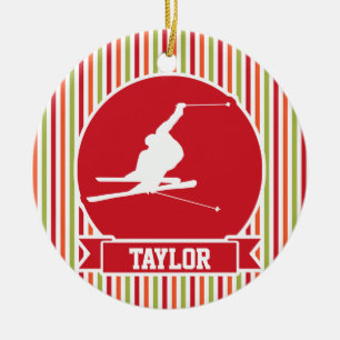 Sneeuwskki, Skiing, Rood, Oranje, Groene Stripes Keramisch Ornament