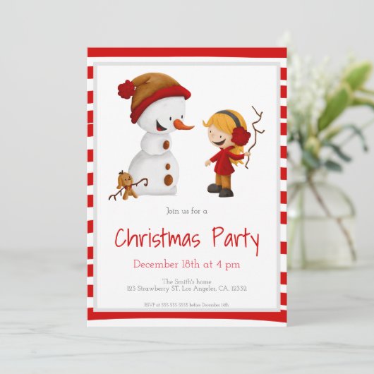 Sneeuwspel met Snowman en Girl Kerstparty Kaart (Staand voorkant)