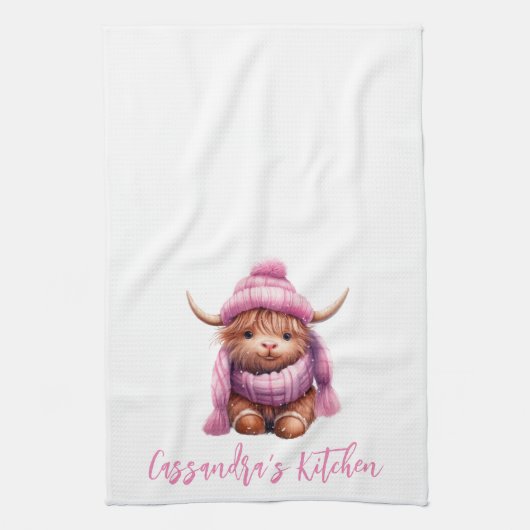 Sneeuwspel Roze Highland Koe Keukenhanddoek (Verticaal)