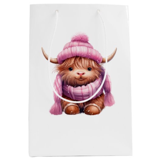 Sneeuwspel Roze Highland Koe Medium Gift Bag Cadeauzakje (Voorkant)