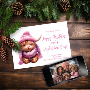 Sneeuwspel Roze Hoogland Koe Kerstmis Fotokaart Feestdagenkaart