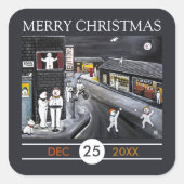 Sneeuwstad Kerstmis Vierkante Sticker (Voorkant)