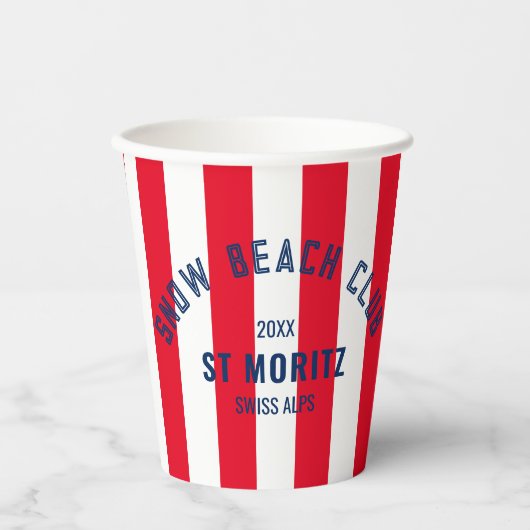 Sneeuwstrandclub Red Cabana Stripe Winterfeest Papieren Bekers (Voorkant)