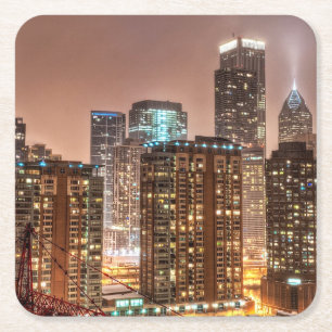 Sneeuwt herfsten over skyline in Chicago 's avonds Kartonnen Onderzetters
