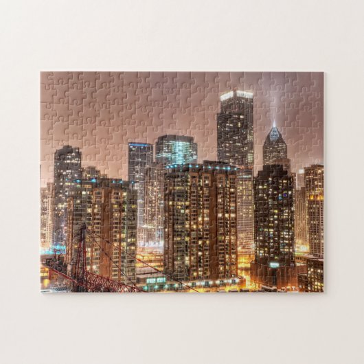 Sneeuwt herfsten over skyline in Chicago 's avonds Legpuzzel (Horizontaal)