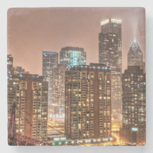 Sneeuwt herfsten over skyline in Chicago 's avonds Stenen Onderzetter