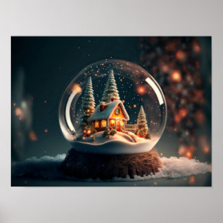 Sneeuwt wereldbol met kerstboom en huis binnen. poster