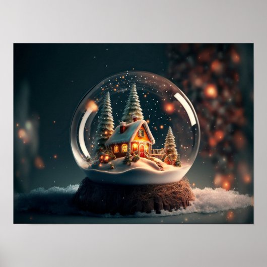 Sneeuwt wereldbol met kerstboom en huis binnen. poster (Voorkant)
