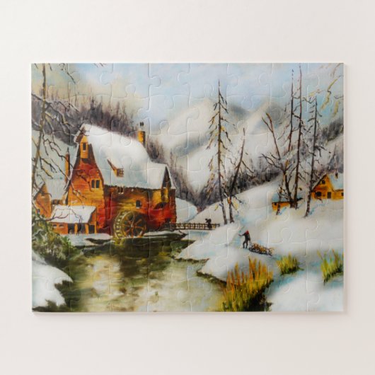 Sneeuwtafereel met waterrad legpuzzel (Horizontaal)