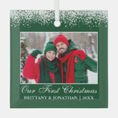 Sneeuwtop Ons eerste kerstpaar Foto groen Glas Ornament (Voorkant)