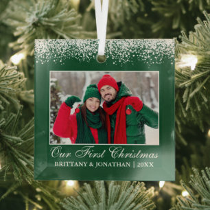 Sneeuwtop Ons eerste kerstpaar Foto groen Glas Ornament