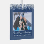 Sneeuwtop onze eerste kerstfamilie Foto blauw Glas Ornament (Voorkant Rechts)