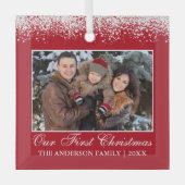 Sneeuwtop onze eerste kerstfamilie Foto rood Glas Ornament (Voorkant)