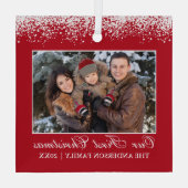 Sneeuwtop onze eerste kerstfamilie Foto rood Glas Ornament (Achterkant)