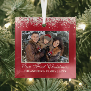 Sneeuwtop onze eerste kerstfamilie Foto rood Glas Ornament