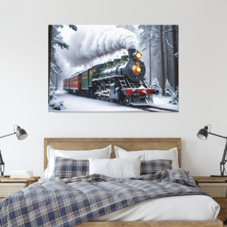 Sneeuwtrein in het winterlandschap canvas afdruk
