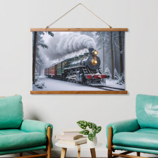 Sneeuwtrein in het winterlandschap hangend wandkleed