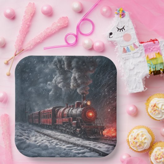  sneeuwtrein papieren bordje (Feest)