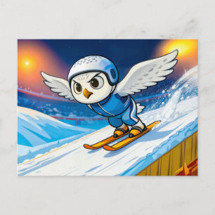 Sneeuwuil die van een winters skischans springt briefkaart