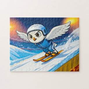 Sneeuwuil die van een winters skischans springt legpuzzel