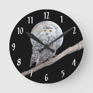Sneeuwuil en Maan Schilderij - Originele Vogel Kun Ronde Klok