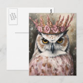 Sneeuwuil in een roze bloemenkroon briefkaart (Voorkant / Achterkant)