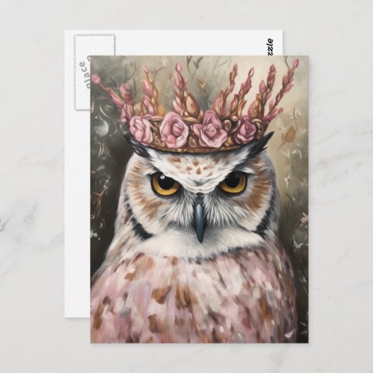 Sneeuwuil in een roze bloemenkroon briefkaart (Voorkant / Achterkant)