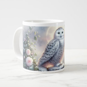 Sneeuwuil in maanverlichte wintertuin grote koffiekop