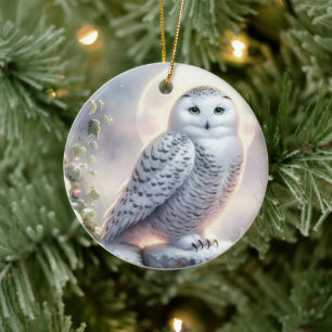 Sneeuwuil in maanverlichte wintertuin keramisch ornament