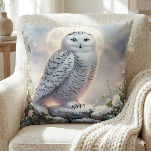 Sneeuwuil in maanverlichte wintertuin kussen (Snowy Owl in Moonlit Winter Garden Throw Pillow Mockup A)